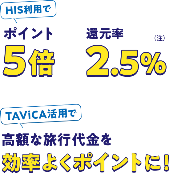 HIS利用でポイント5倍、還元率2.5%。TAVICA活用で高額な旅行代金を効率よくポイントに！