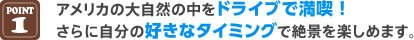 POINT1 アメリカの大自然の中をドライブで満喫 ！さらに自分の好きなタイミングで絶景を楽しめます。