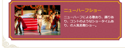 ニューハーフショー　ニューハーフによる歌あり、踊りあり、コントのようなショータイムあり、の人気名物ショー。