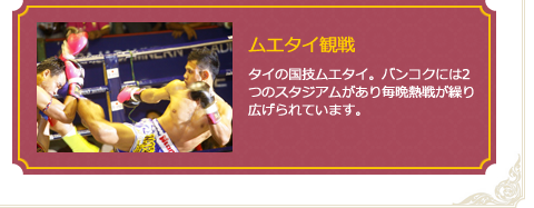 ムエタイ観戦　タイの国技ムエタイ。バンコクには2つのスタジアムがあり毎晩熱戦が繰り広げられています。